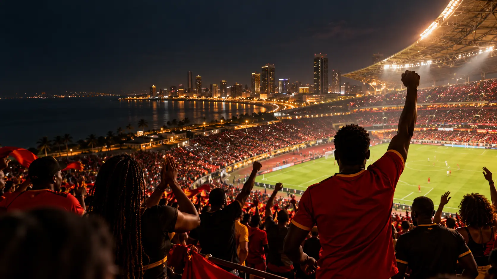 Ilustração editorial de adeptos adultos num estádio nocturno em Luanda